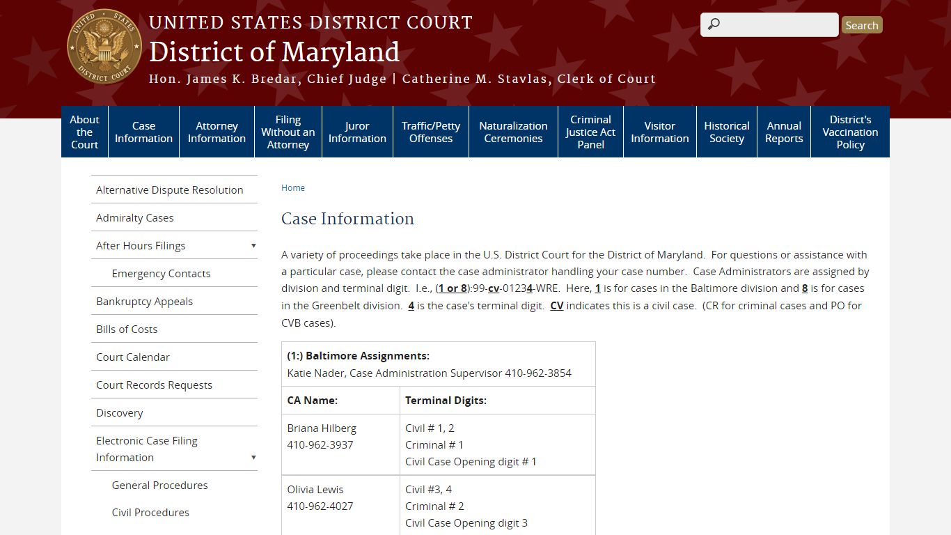 Case Information | District of Maryland - United States Courts